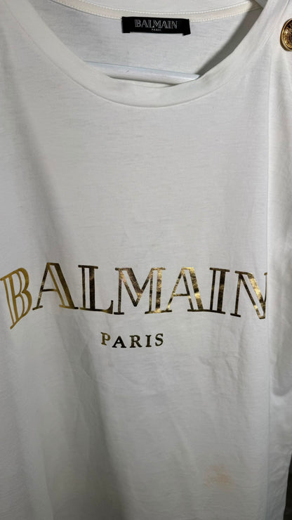 Balmain White Logo T-Shirt With Gold Buttons – IT 38. UK 8