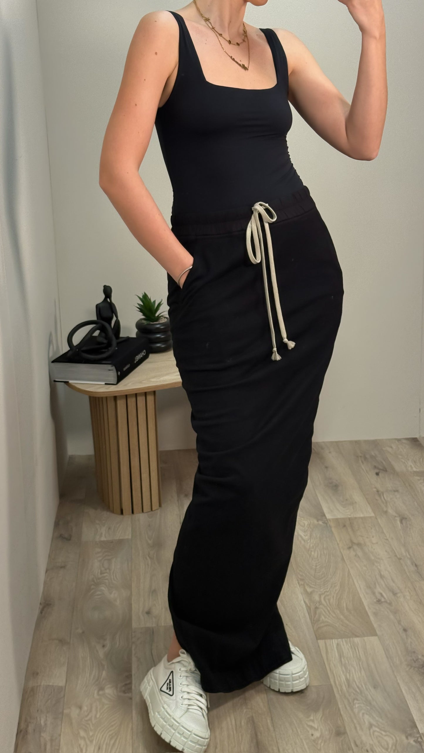 Rick Owens Black & White Drawstring Maxi Skirt - Medium