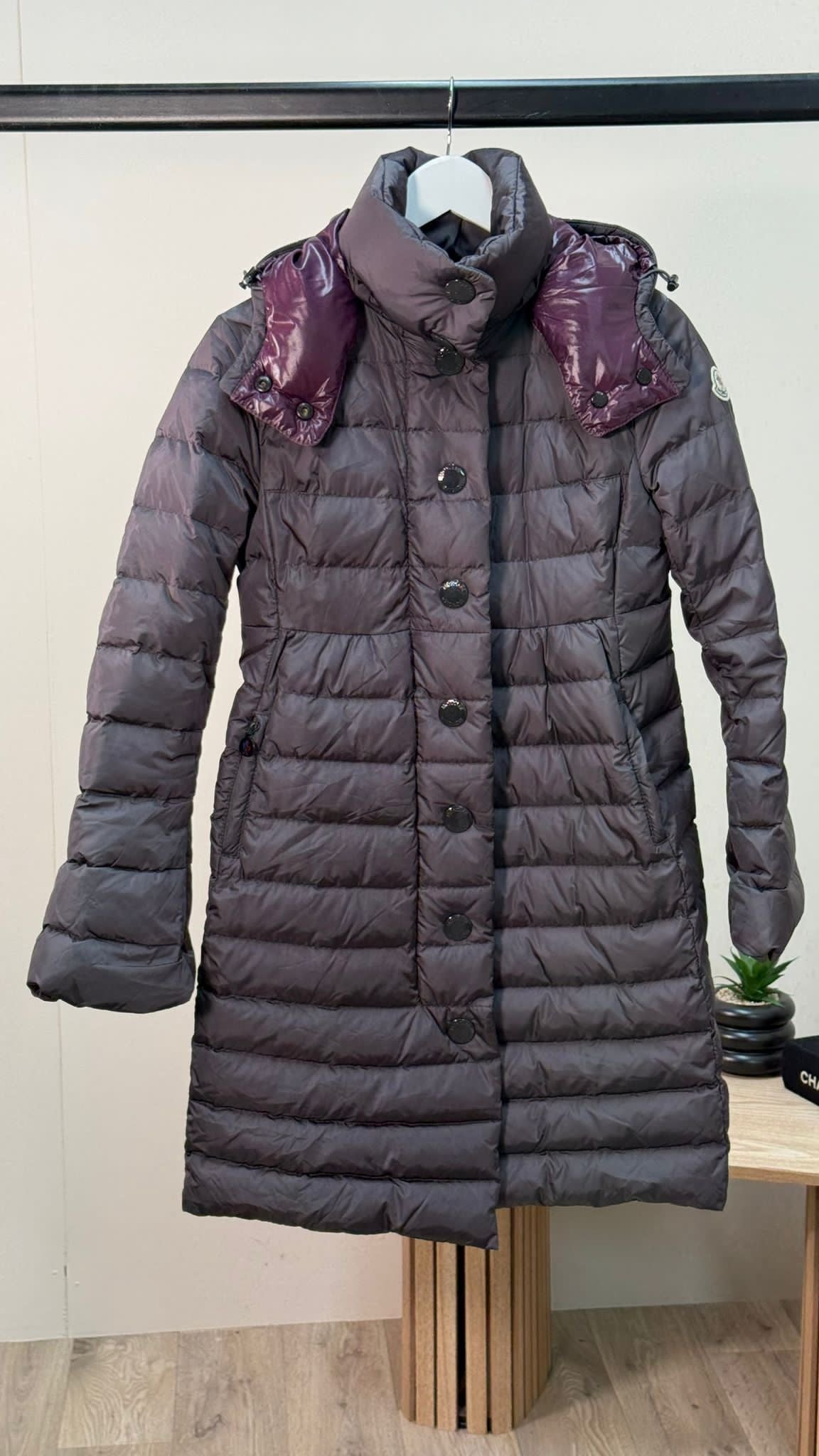 Moncler Jura Down Coat In Dark Grey With Purple Lining -Size 1/Small