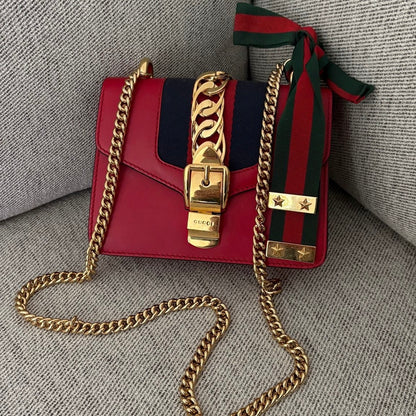 Gucci Red Sylvie Chain Crossbody Leather Handbag - One Size