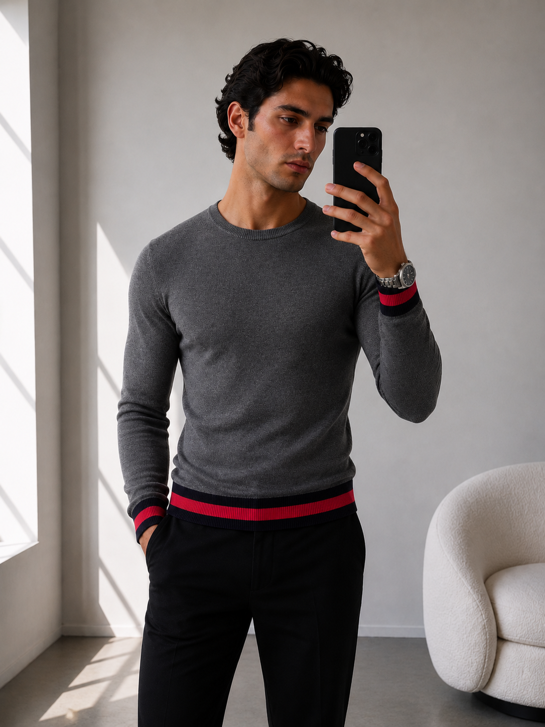 Gucci Grey Crew-Neck Sweater with Red & Blue Trims – XS
