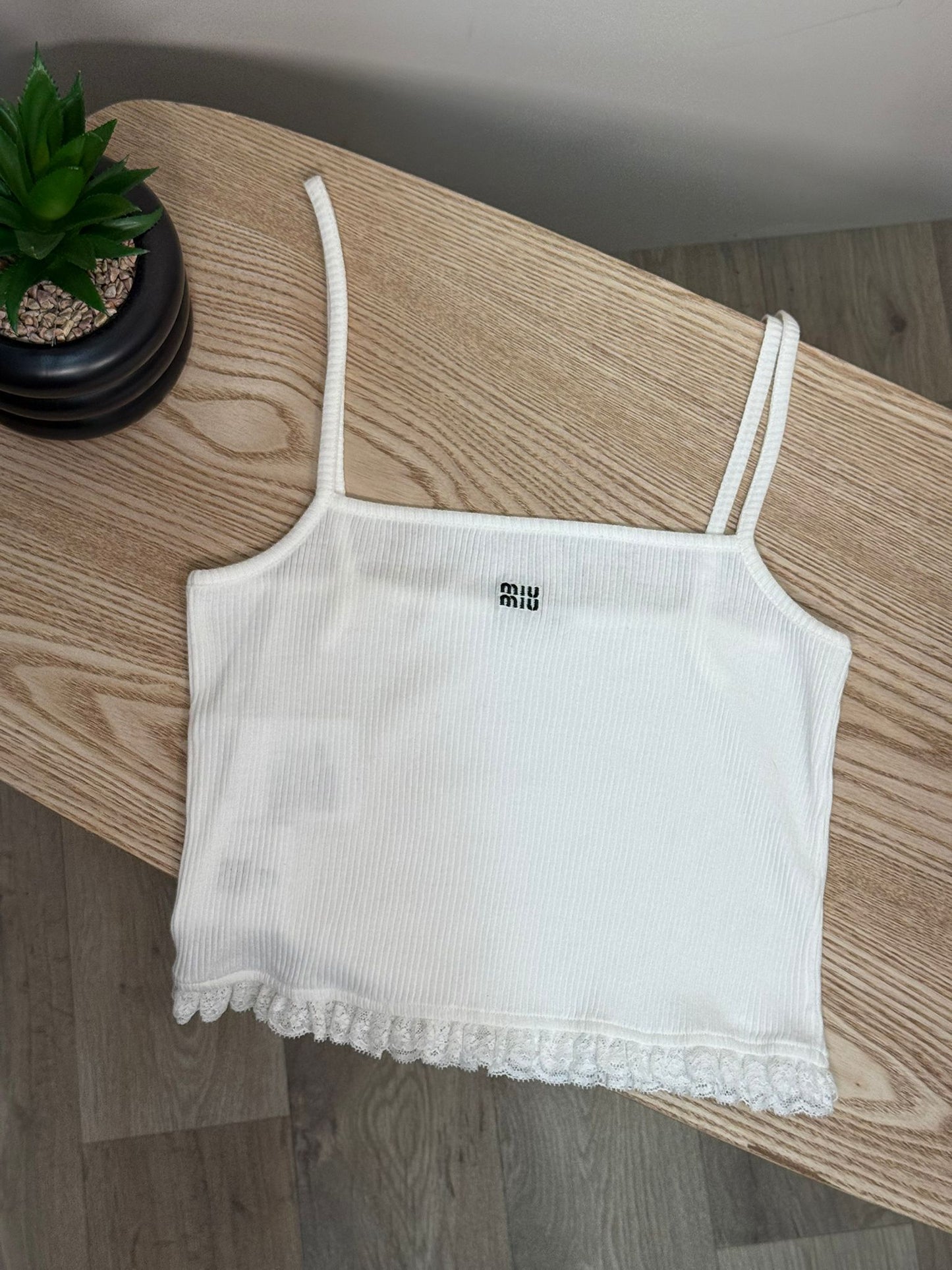 Miu Miu White Frill Ribbed Vest Top - Medium