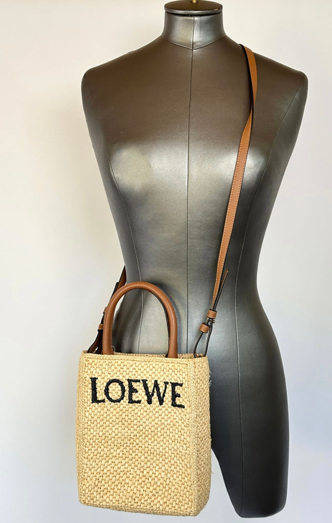 Loewe Cross Body Rafia Tote Small in Brown Leather.