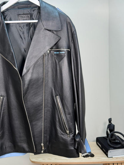 Prada Black Leather Silver Zip Biker Jacket - Size 40/M