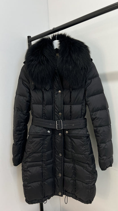 Burberry black quilted down belted jacket with fur collar - UK 6/8