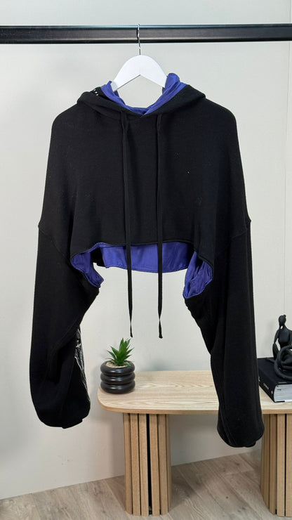 Unravel Black And Purple Cropped Hooded Jumper - Small