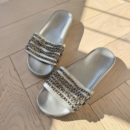 Chanel Silver CC Chainlink Flat Slide Sandals - UK 6
