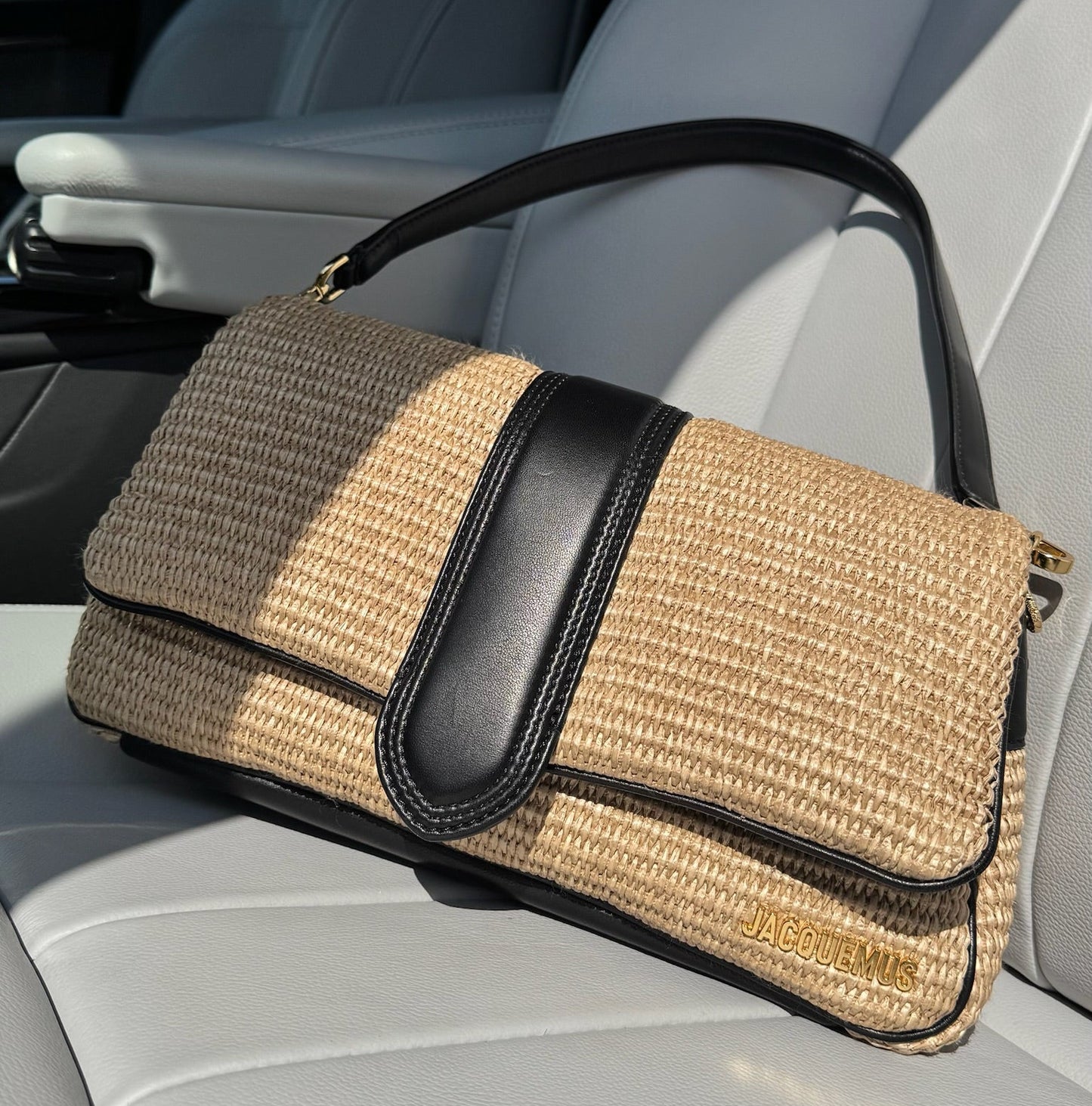 Jacquemus beige Le Bambimou Ivory black raffia-effect shoulder bag