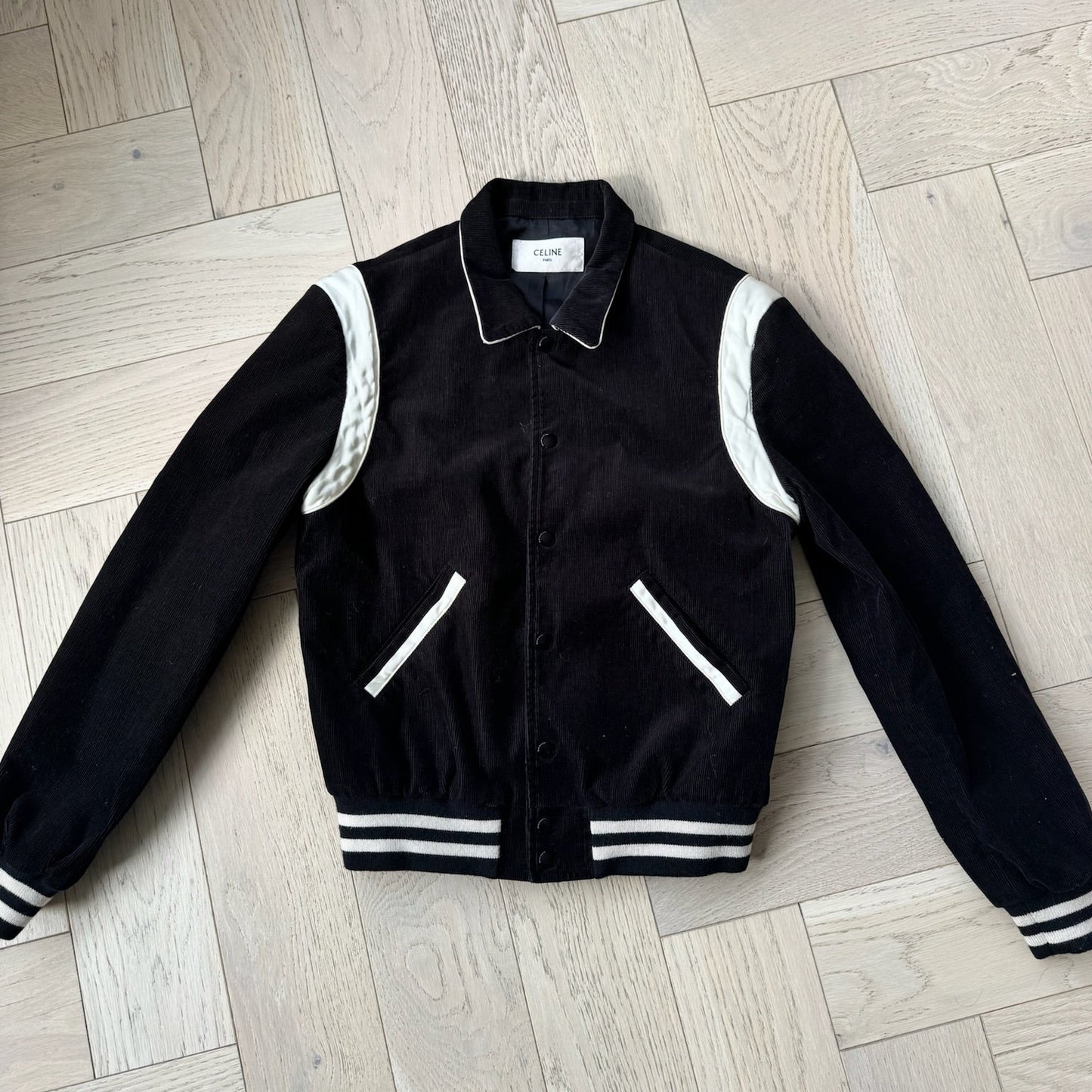 Celine Black & White Teddy Satin-Trimmed Cotton-Corduroy Varsity Jacket –48