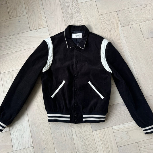Celine Black & White Teddy Satin-Trimmed Cotton-Corduroy Varsity Jacket –48