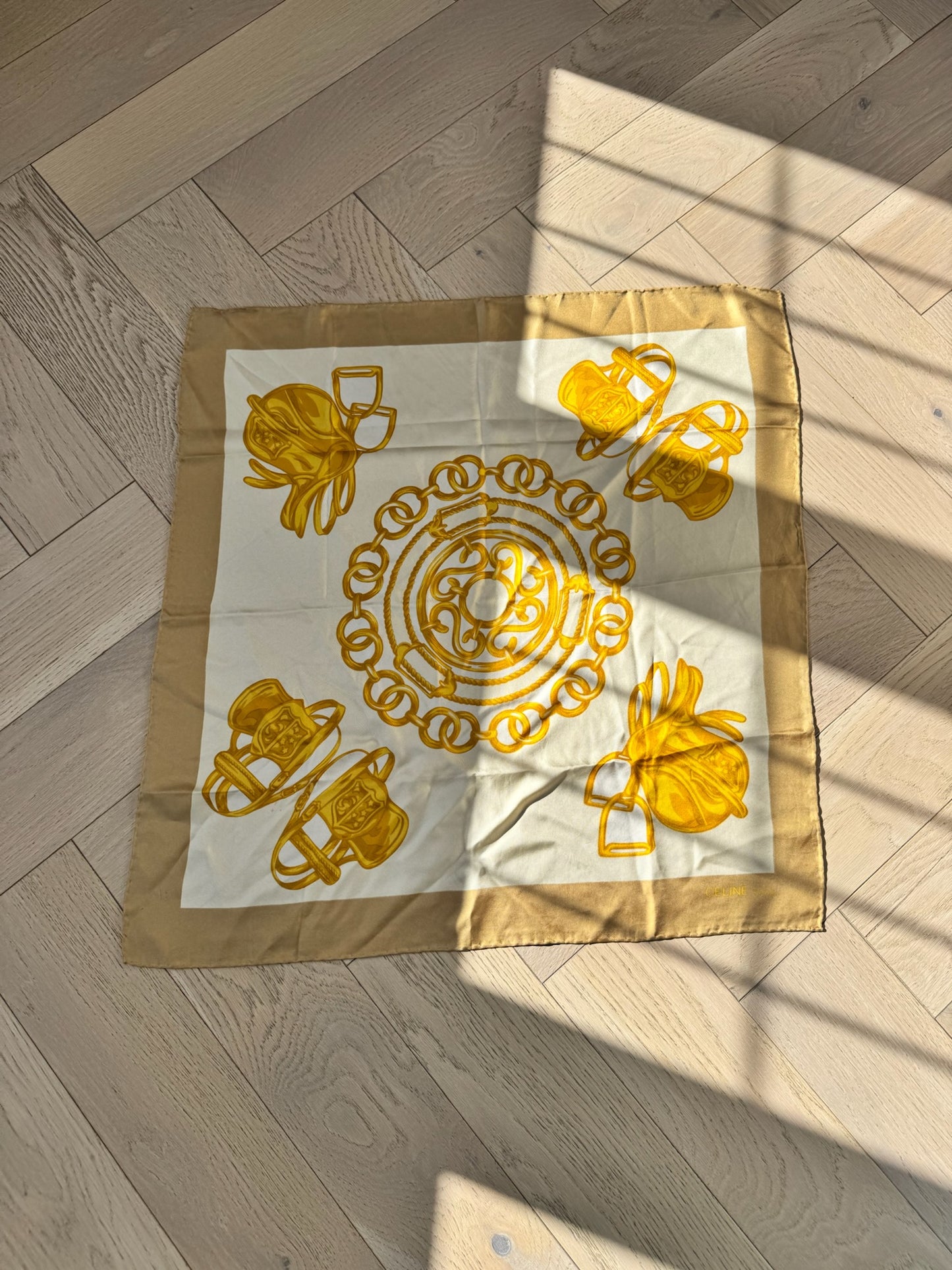 Celine Cream Gold Carré En Soie Silk Scarf – 85 x 85 cm