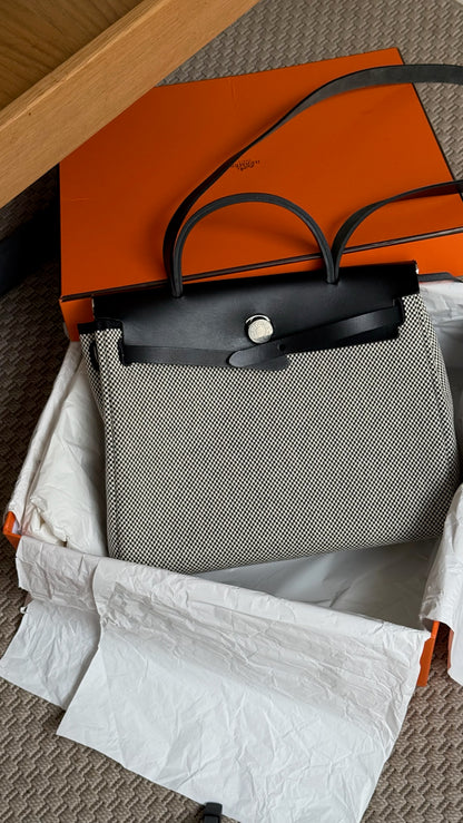 Hermès  Herbag 31 Vache Hunter Toile Quadrille Viking Black White Full Set