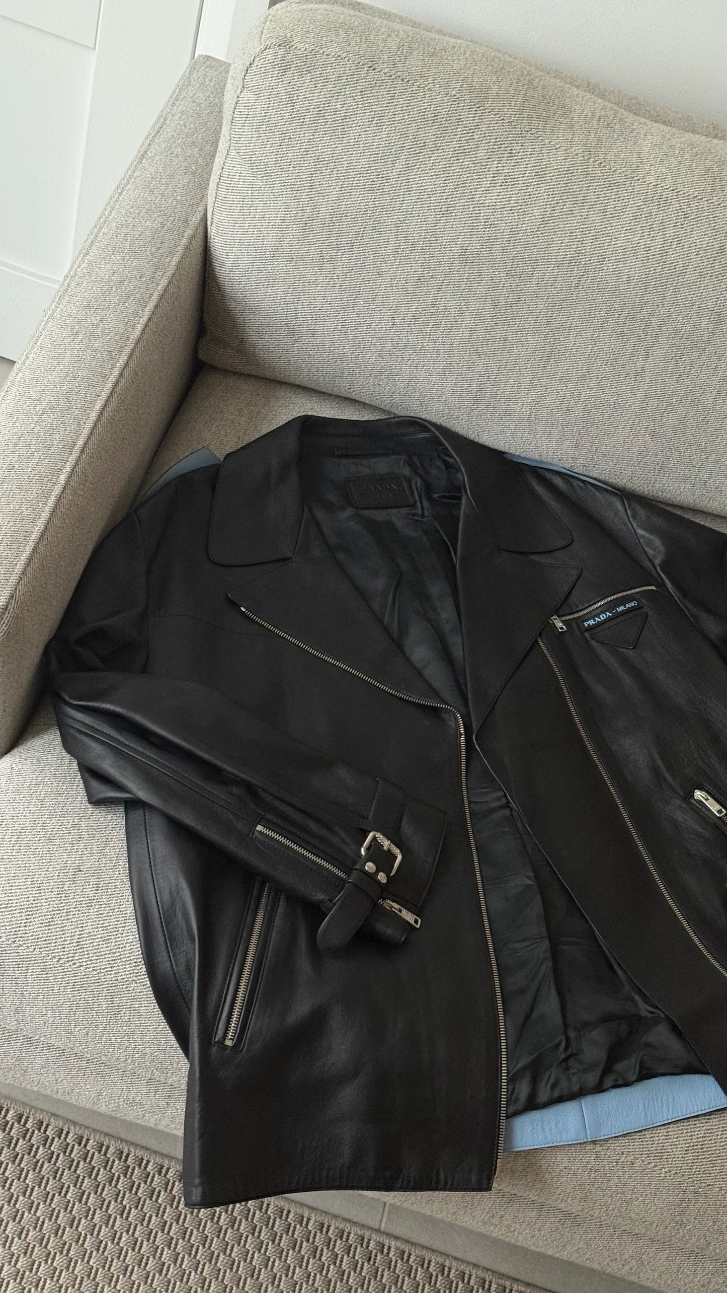 Prada Black Leather Silver Zip Biker Jacket - Size 40/M