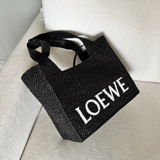 Loewe Black Medium Font tote in raffia Bag- brand new in box