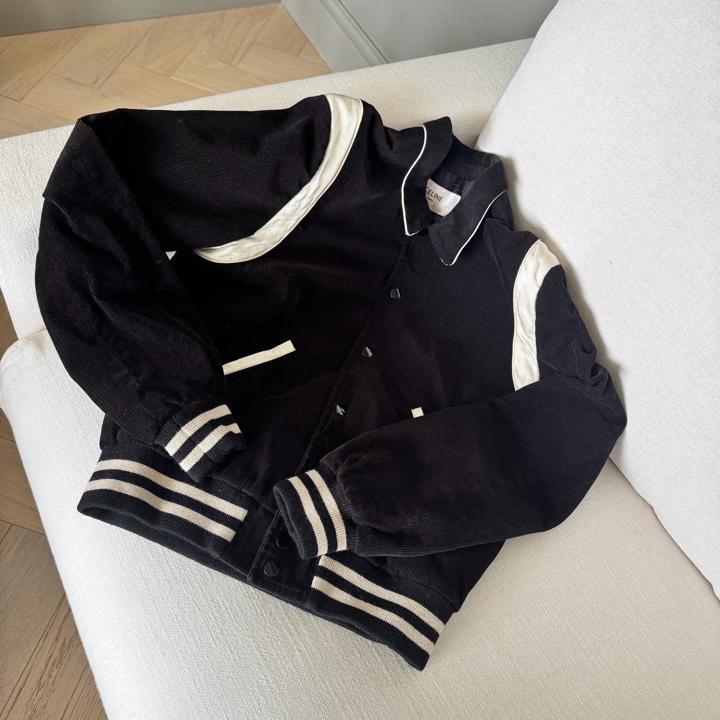 Celine Black & White Teddy Satin-Trimmed Cotton-Corduroy Varsity Jacket –48