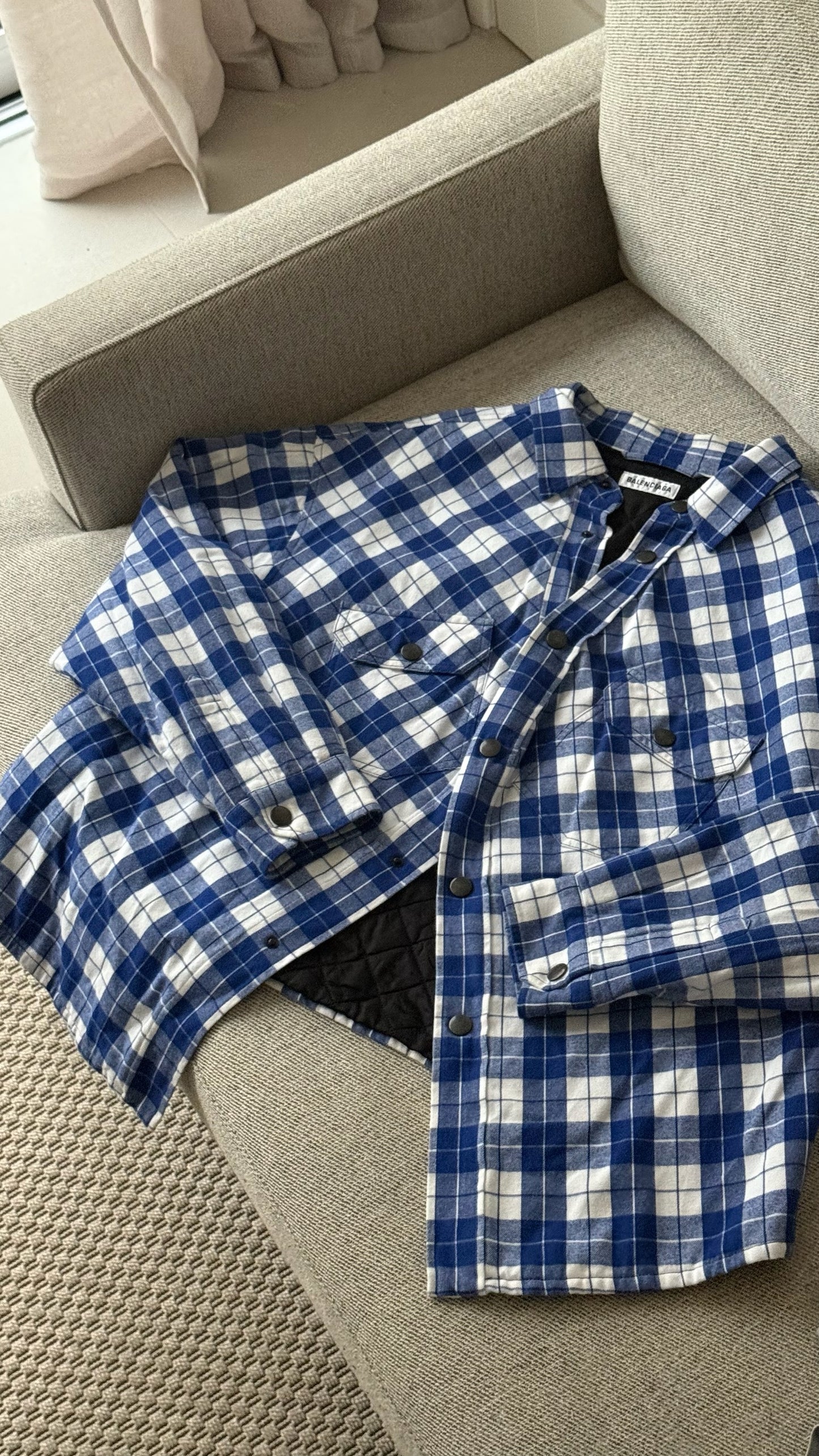 Balenciaga Blue White Checked Swing Quilted Jacket - size 34-SMALL