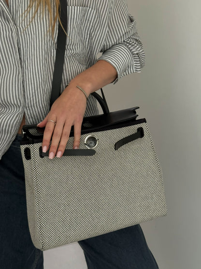 Hermès  Herbag 31 Vache Hunter Toile Quadrille Viking Black White Full Set
