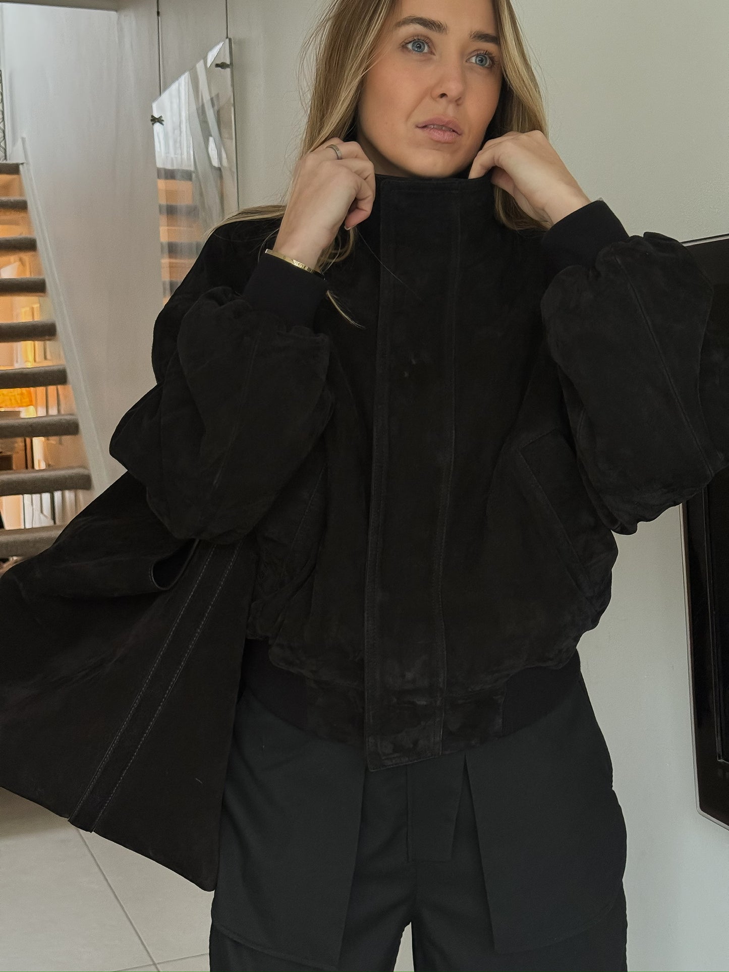 Balenciaga Black Suede Bomber Jacket - Small