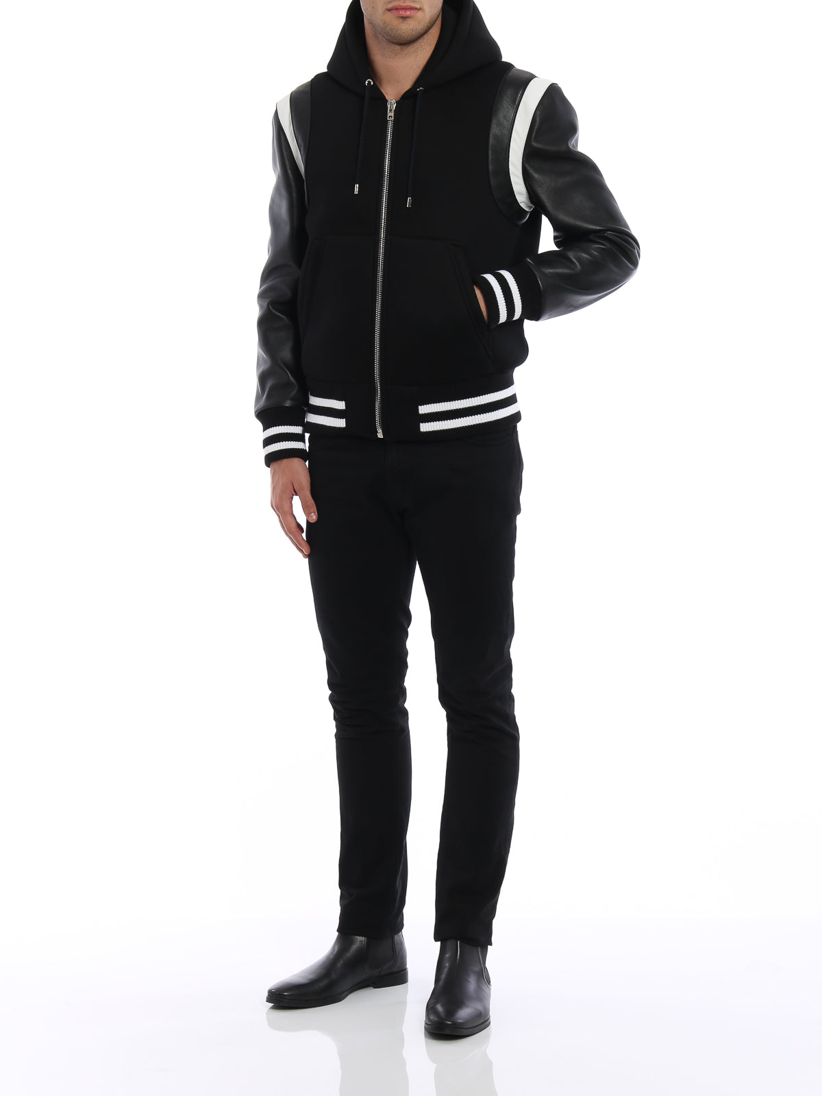 Givenchy Leather Sleve Neoprene Hooded Bomber Jacket - Small