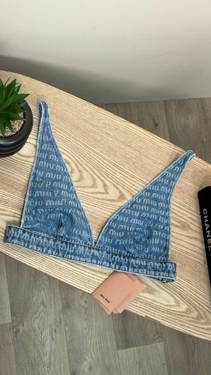 Miu Miu Denim Multi-Logo Bralette Crop - New In Tags 40 / Medium