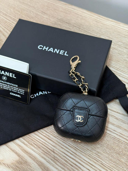 Chanel Black CC Apple Airpods Case On Chain Quilted Caviar Leather - One Size