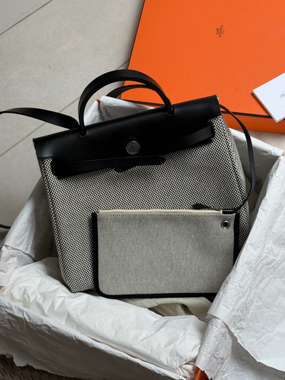 Hermès  Herbag 31 Vache Hunter Toile Quadrille Viking Black White Full Set