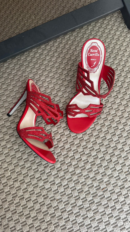 René Caovilla Red Crystal Embellished Mule Heels – EU 35.5 / UK 2.5