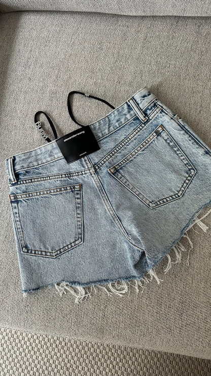 Alexander Wang Blue Denim Thong Diamonte Badge Shorts-Brand New In Tags XXS