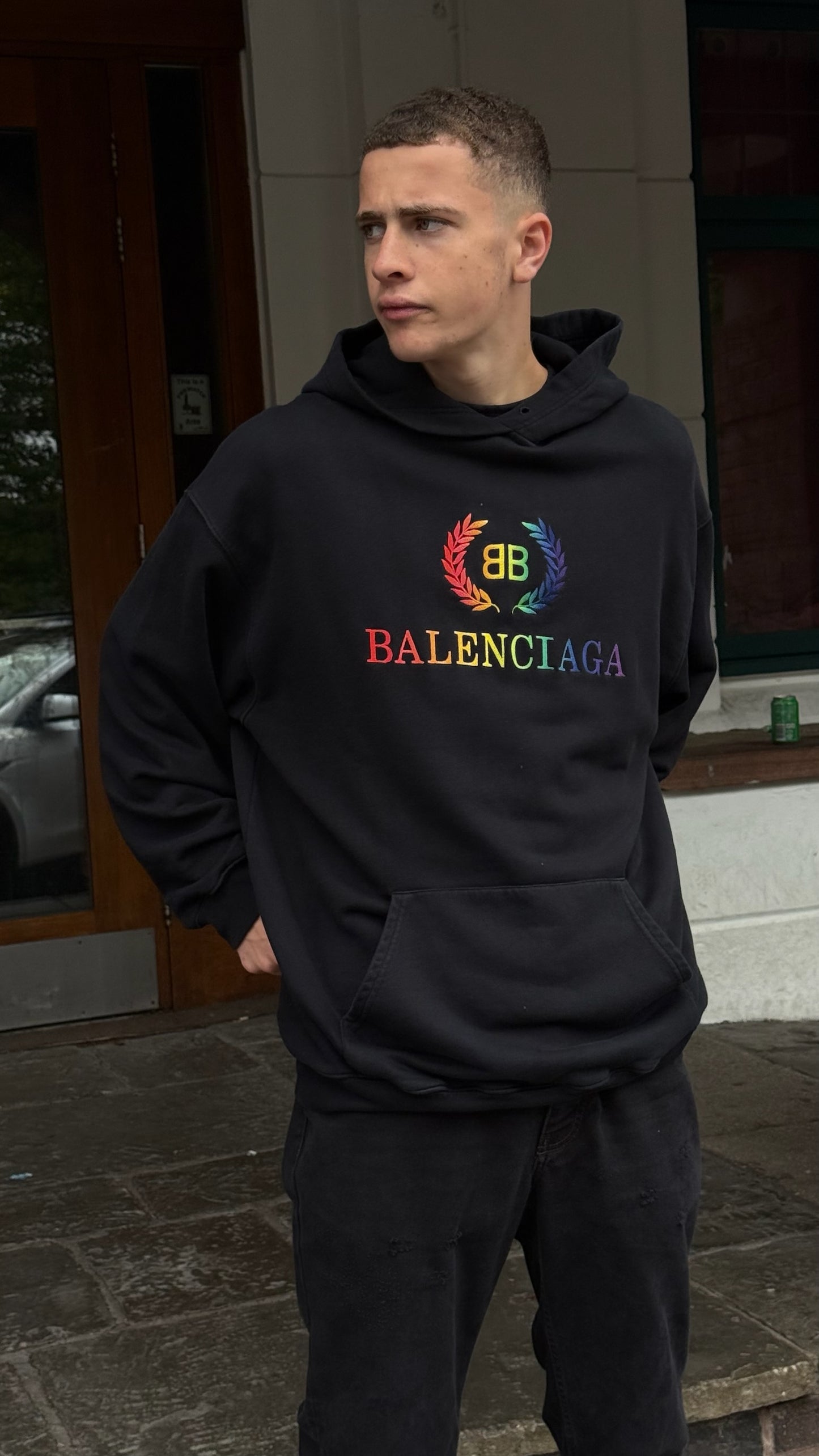 Balenciaga Black Multi Colour Logo Hoodie - Small oversize