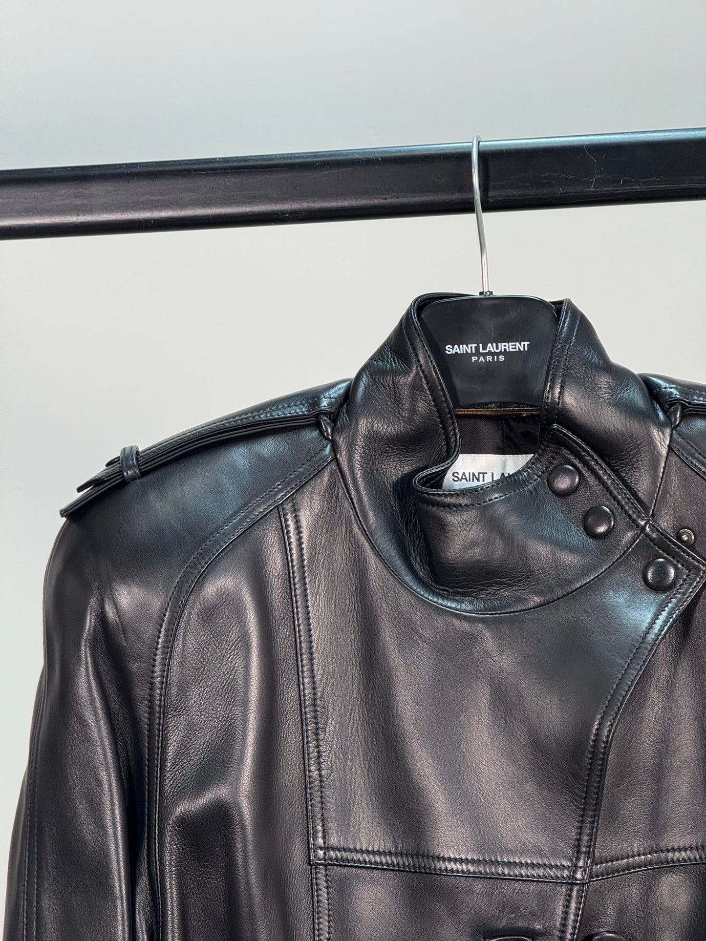 Saint Laurent Biker Leather Smooth Black Trench Coat - New In Tags FR 38/S-M