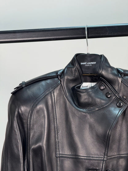 Saint Laurent Biker Leather Smooth Black Trench Coat - New In Tags FR 38/S-M