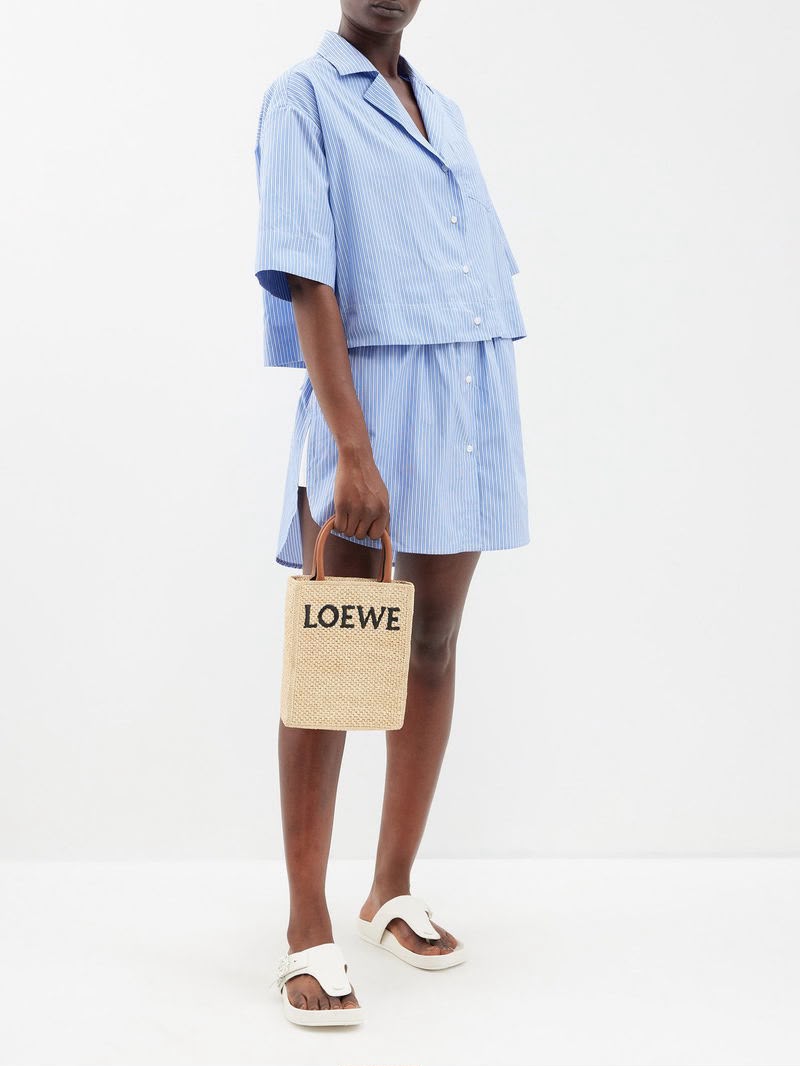 Loewe Cross Body Rafia Tote Small in Brown Leather.