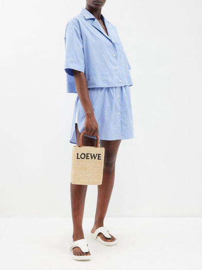 Loewe Cross Body Rafia Tote Small in Brown Leather.