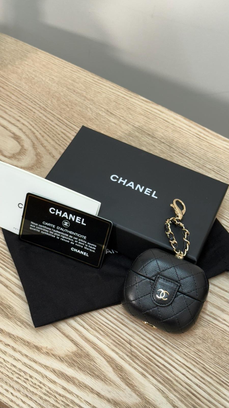 Chanel Black CC Apple Airpods Case On Chain Quilted Caviar Leather - One Size