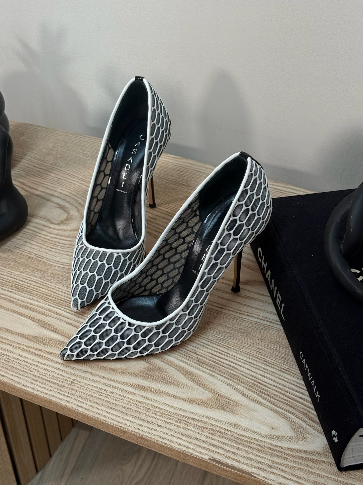 Casadei White And Grey Net Heels - UK 4