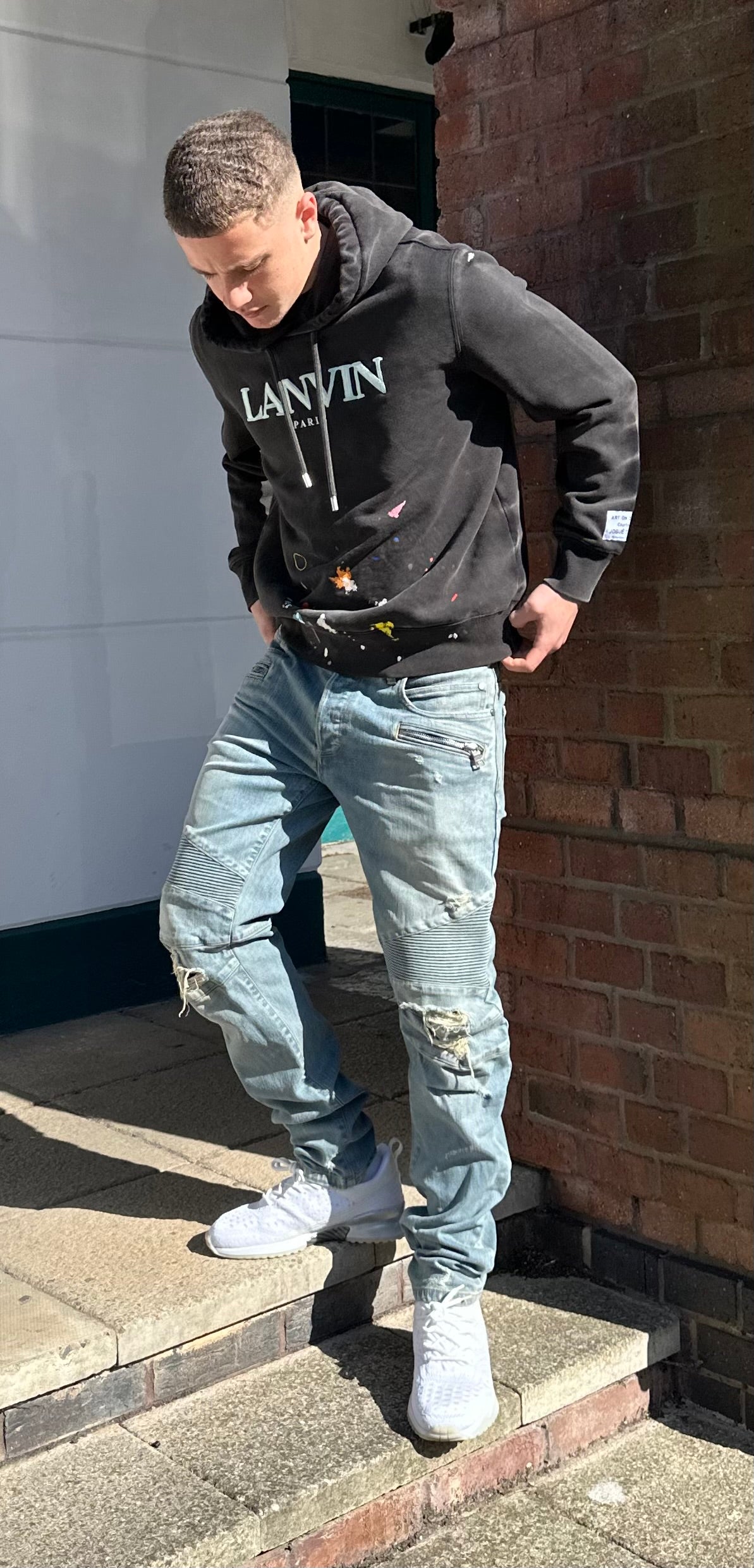Balmain Men's Distressed Biker Tapered Jeans In A Light Blue Wash - 32 waist