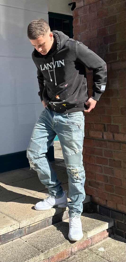 Balmain Men's Distressed Biker Tapered Jeans In A Light Blue Wash - 32 waist
