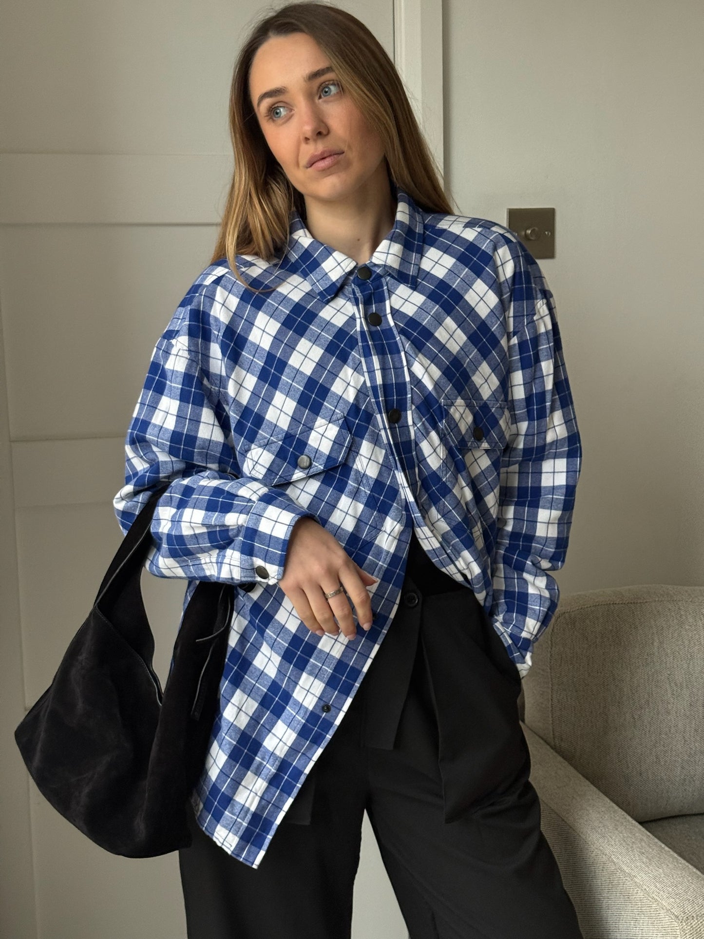 Balenciaga Blue White Checked Swing Quilted Jacket - size 34-SMALL