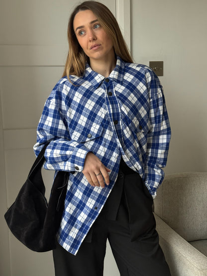 Balenciaga Blue White Checked Swing Quilted Jacket - size 34-SMALL