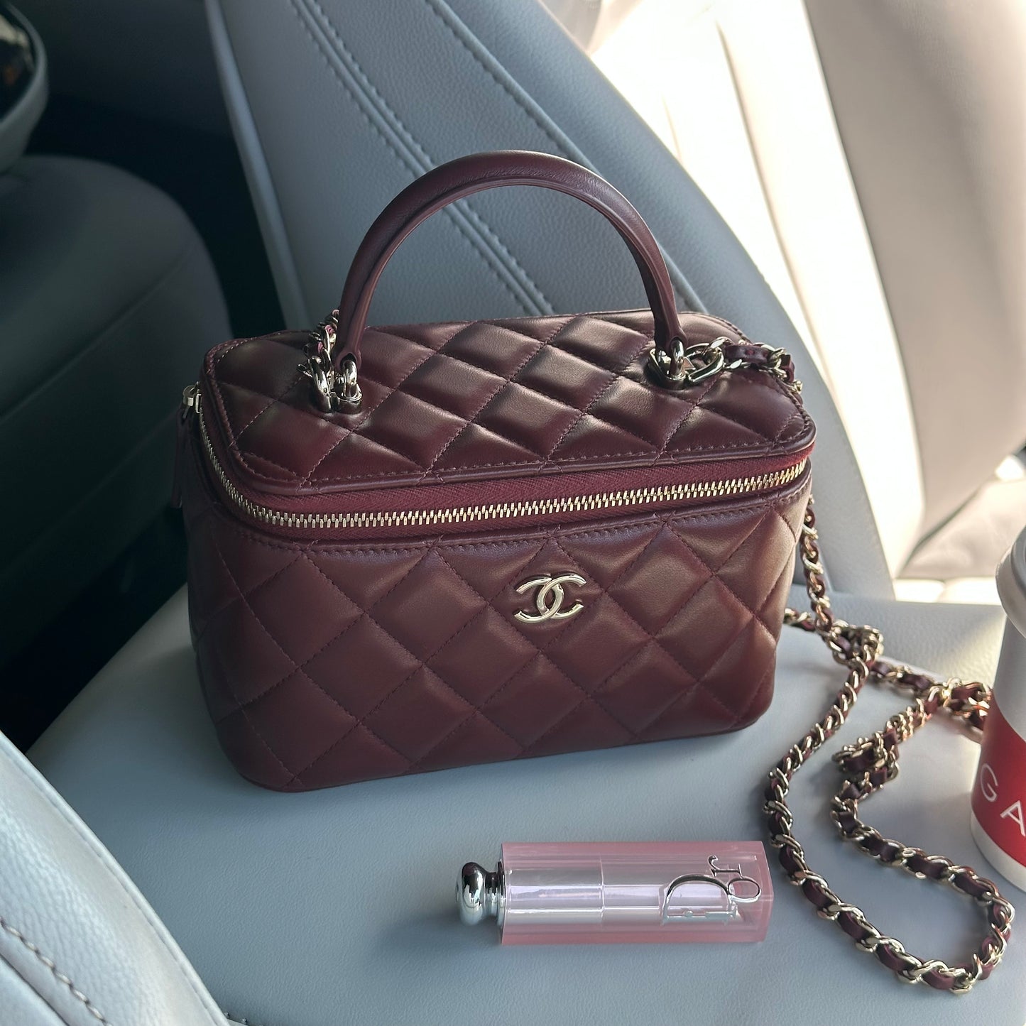 Chanel Lambskin Quilted Vanity Case with Chain in Burgundy