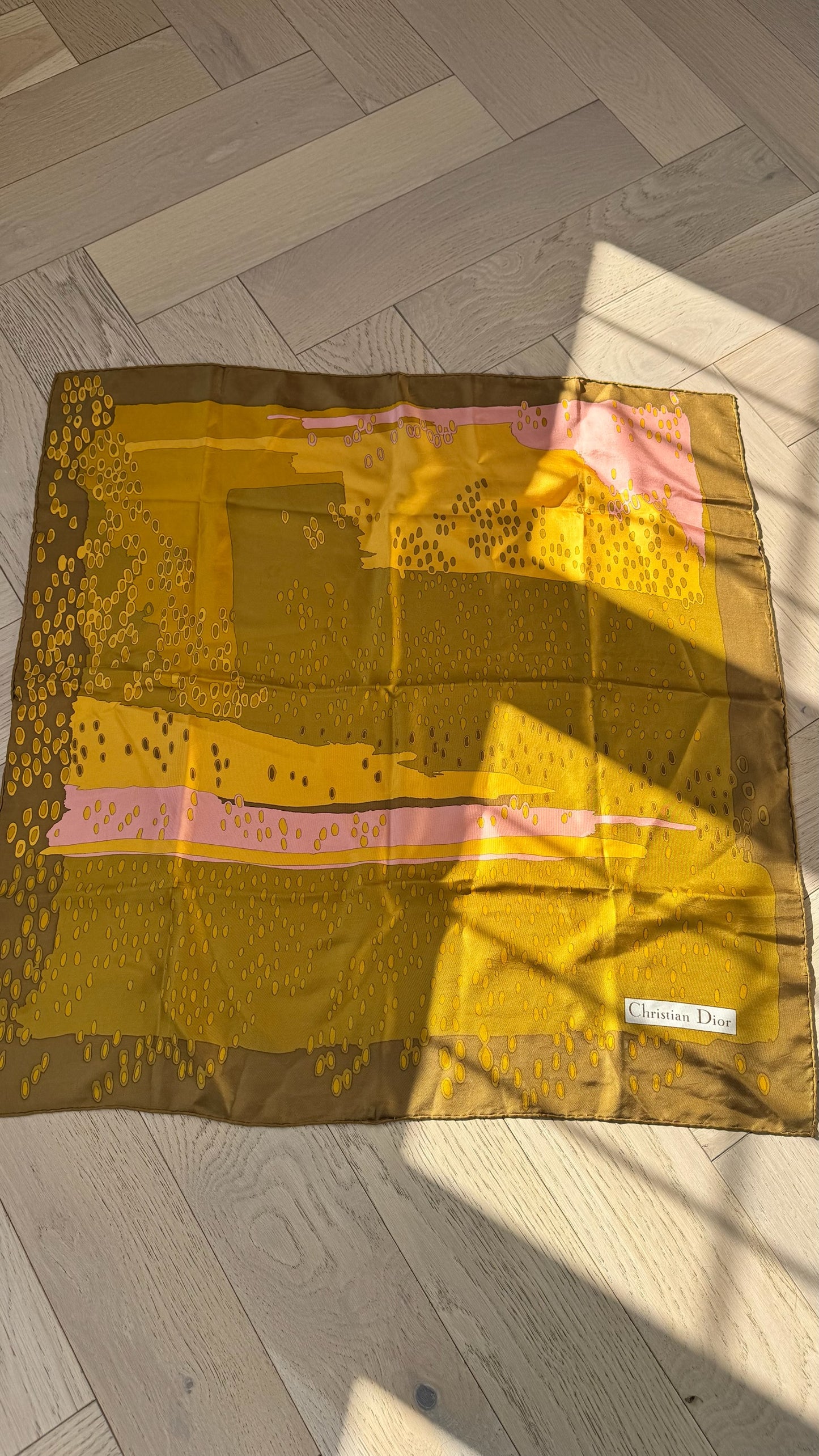 Christian Dior Yellow Brown Abstract Silk Scarf