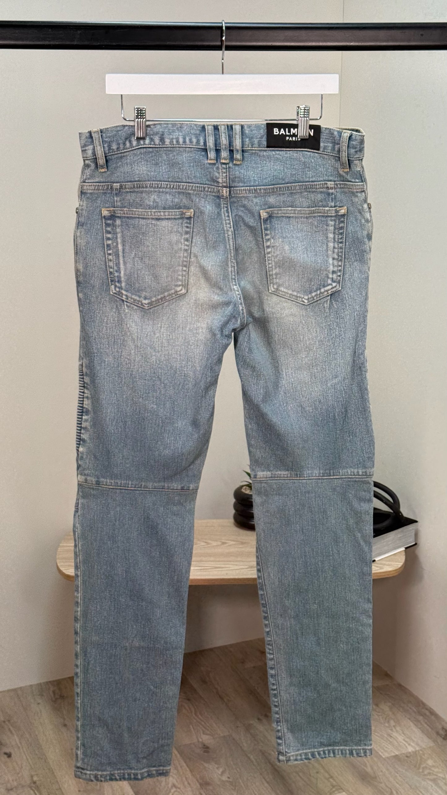 Balmain Men's Distressed Biker Tapered Jeans In A Light Blue Wash - 32 waist