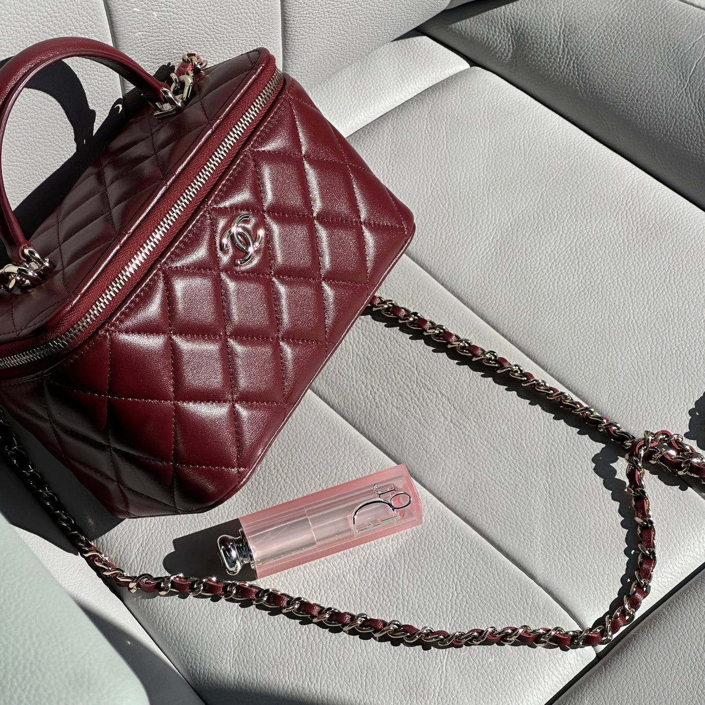 Chanel Lambskin Quilted Vanity Case with Chain in Burgundy