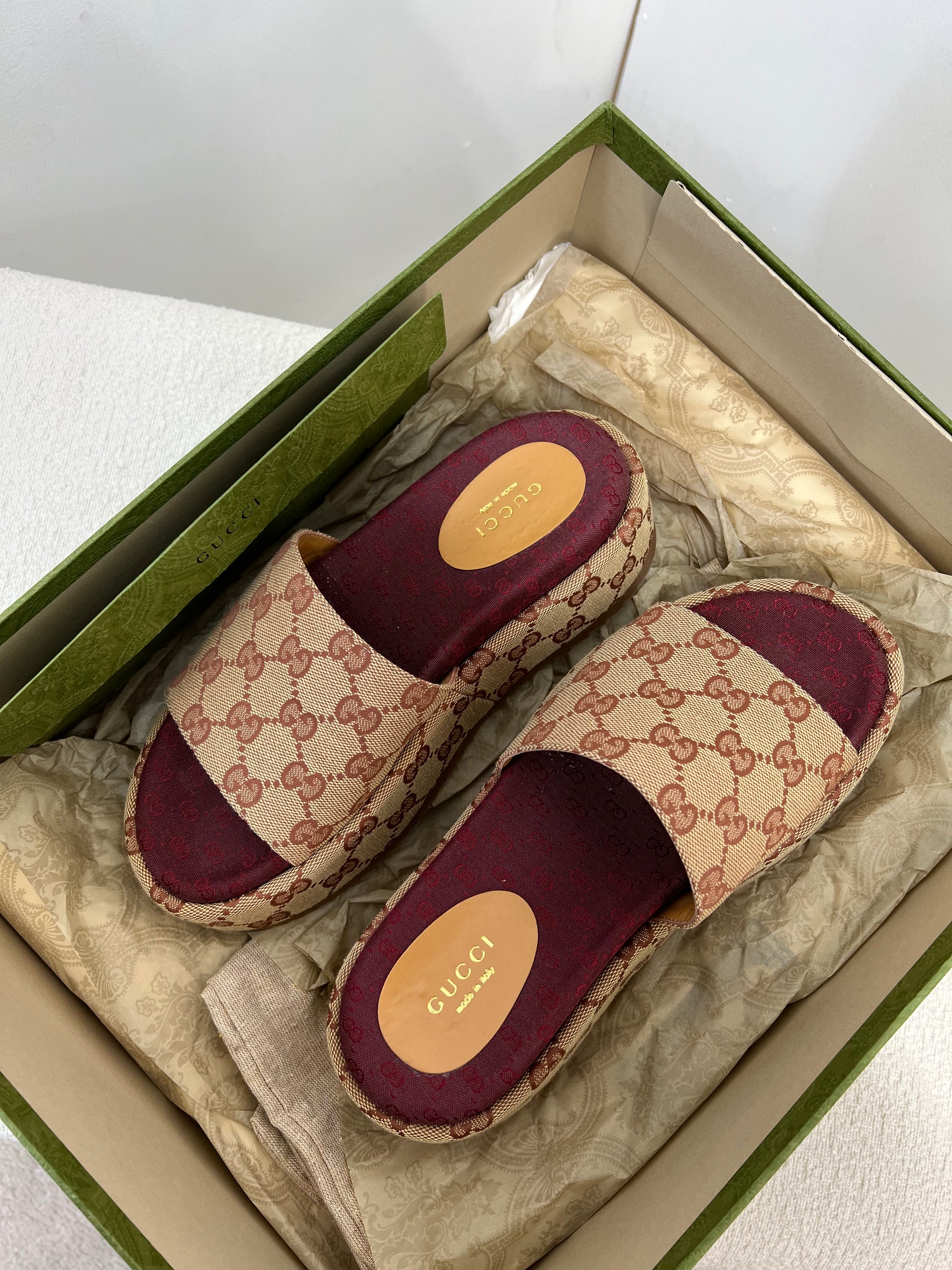 Gucci Platform camel and ebony maxi GG canvas Slide Sandal (Eu