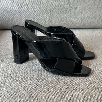 YSL Black Loulou Patent Cross Strap Slip-On Heeled Sandals – EU 38 / UK 5