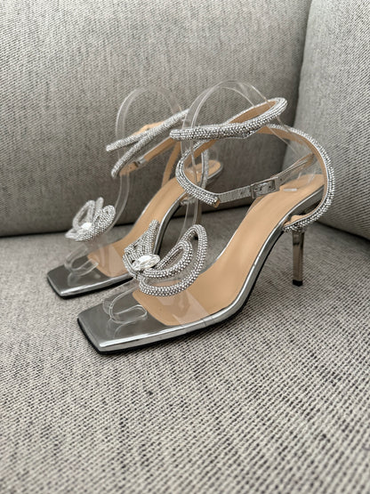 Mach & Mach Silver Sequin Diamanté Bow Heels - UK 6.5 - Suited for UK 4.5