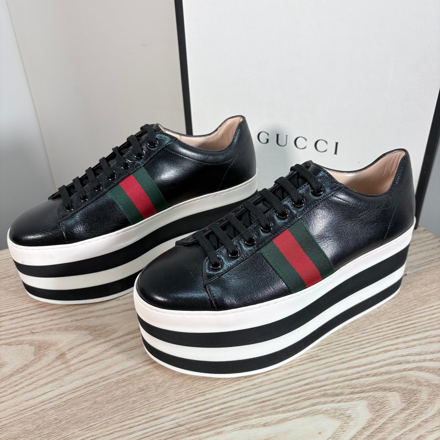 Gucci Black Quentin Peggy Stripe Platform Shoes – New In Box EU 38.5 / UK 5.5