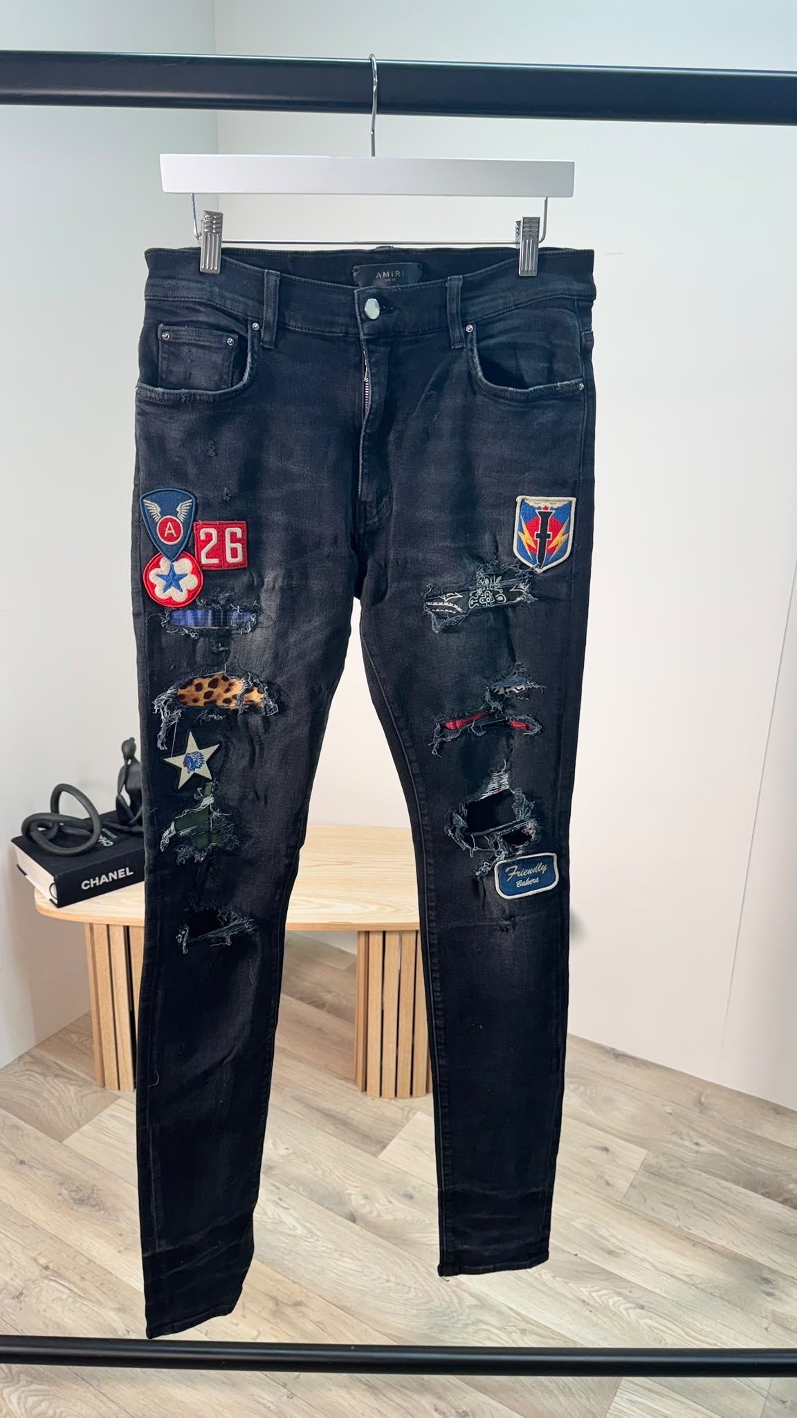 Amiri Black MX1 Distressed Patch Skinny Jeans – 32