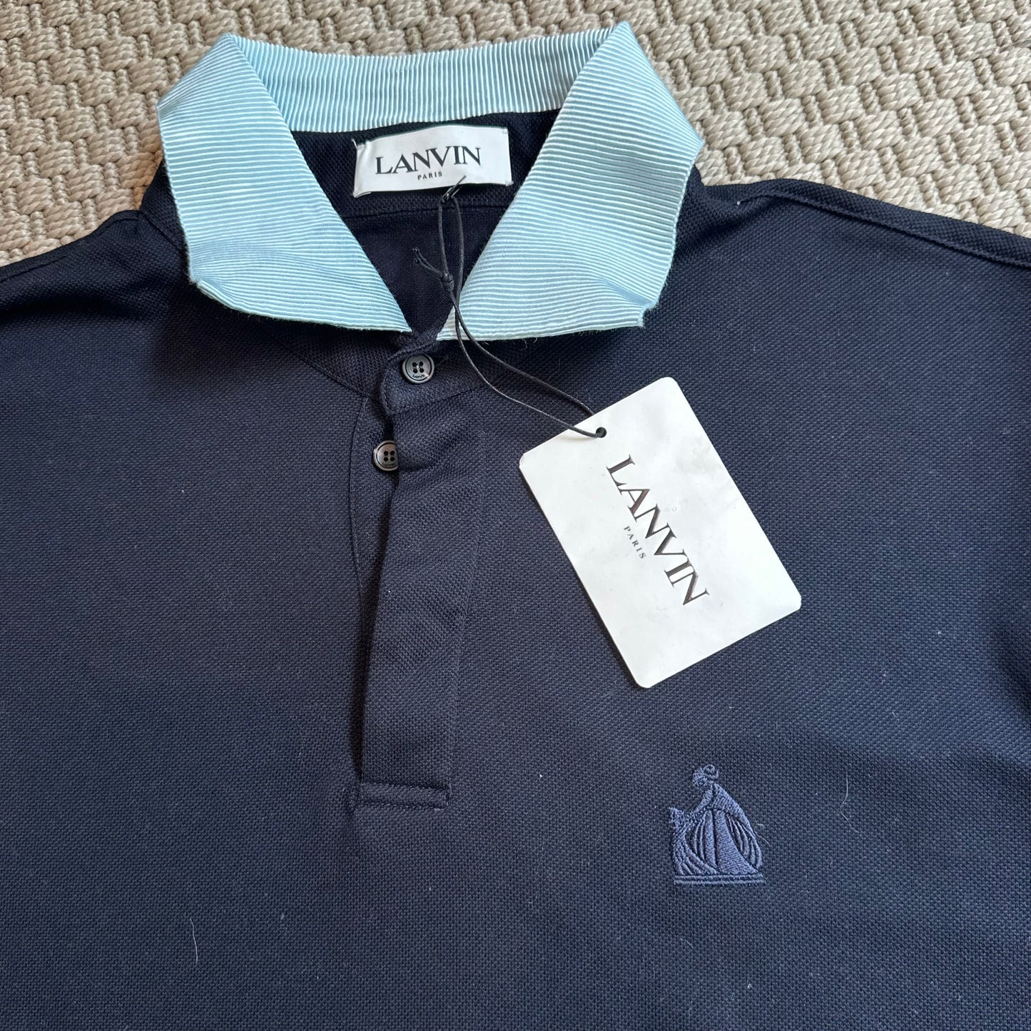 Lanvin Navy Long Sleeve Contrast Collar Polo, Brand New - XXL