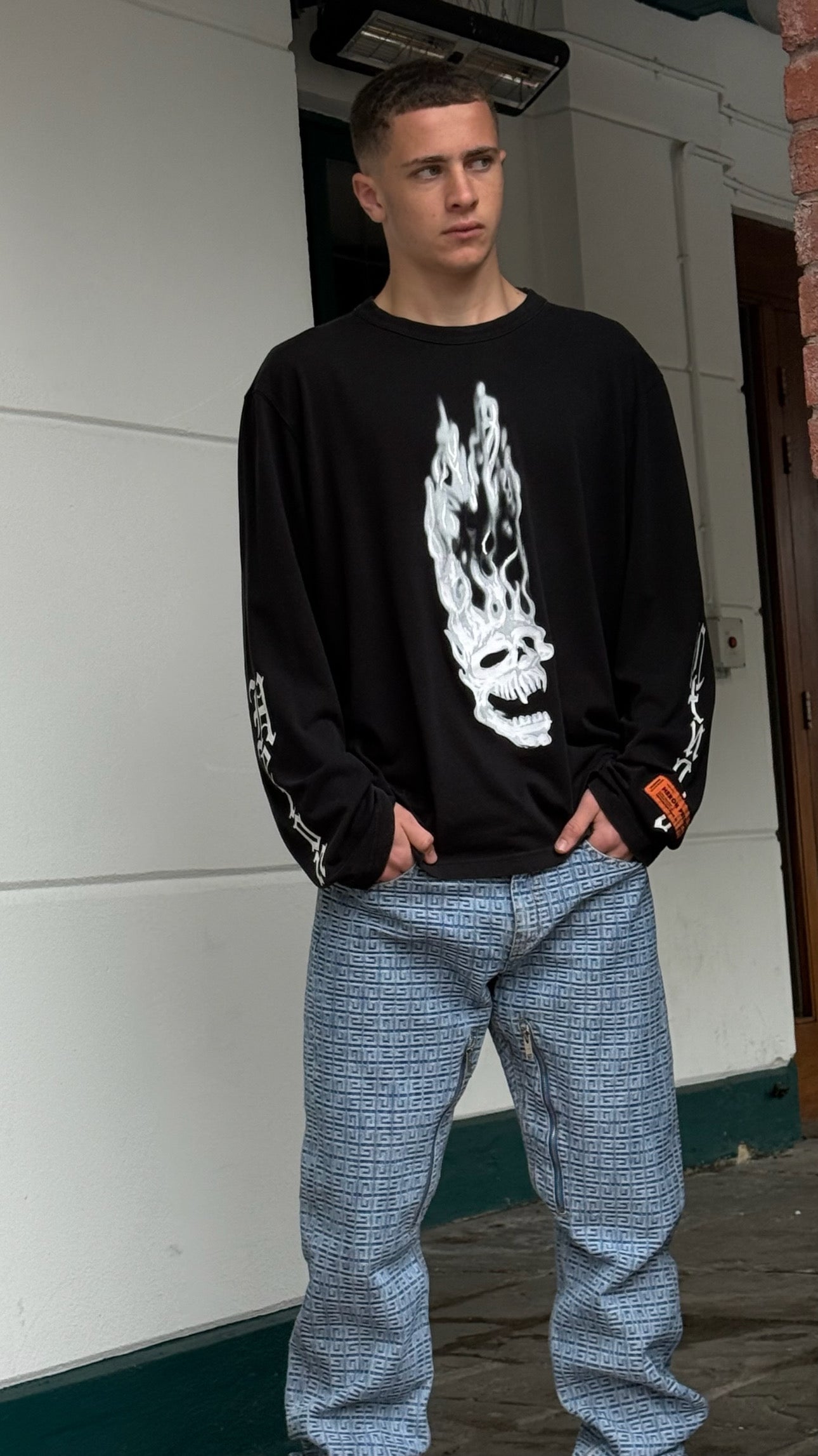 Heron Preston Black Longsleeve Skull Fire T-Shirt-Large